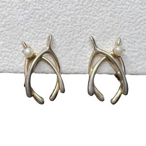 Vintage Gold Tone Double Wishbone Faux Pearl Screw Back Earrings